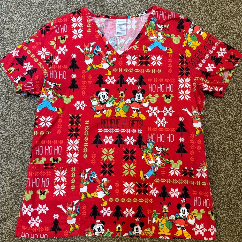 Disney Red Holiday Scrub Top with Mickey and Friends